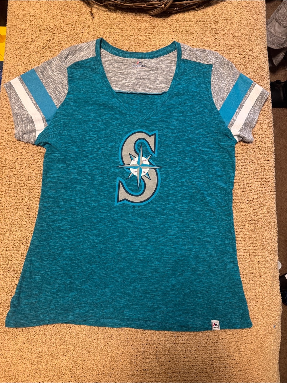 Majestic Teal Seattle Mariners Short Sleeve Tee with Gray & White Sleeve Stripes